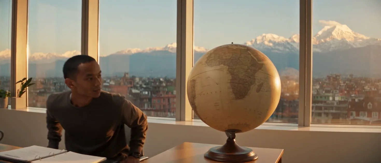 A student at a MATES counselling desk in Kathmandu turns toward a world map.